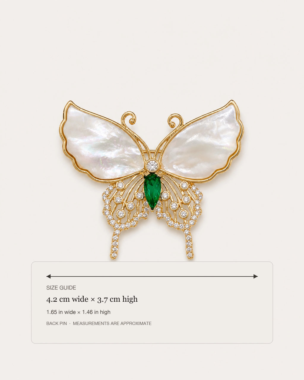 Elina Green Shell Butterfly Brooch size guide showing 4.2 cm width and 3.7 cm height.
