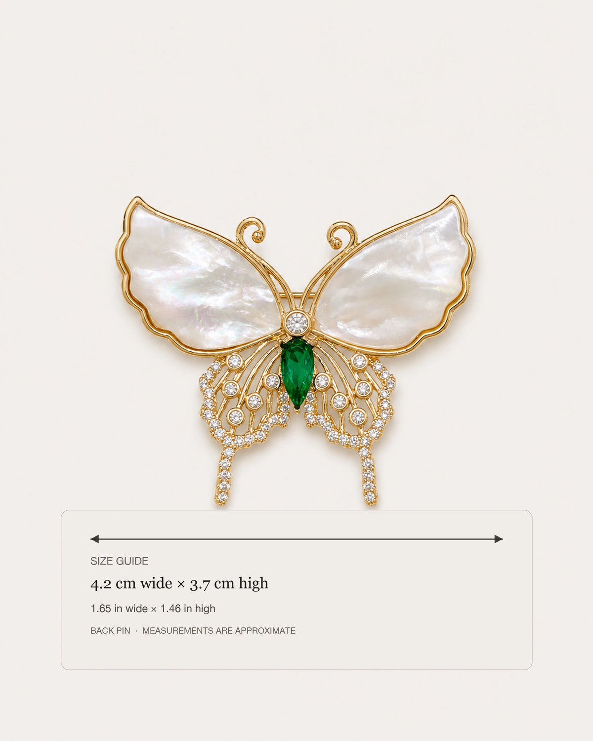 Elina Green Shell Butterfly Brooch size guide showing 4.2 cm width and 3.7 cm height.