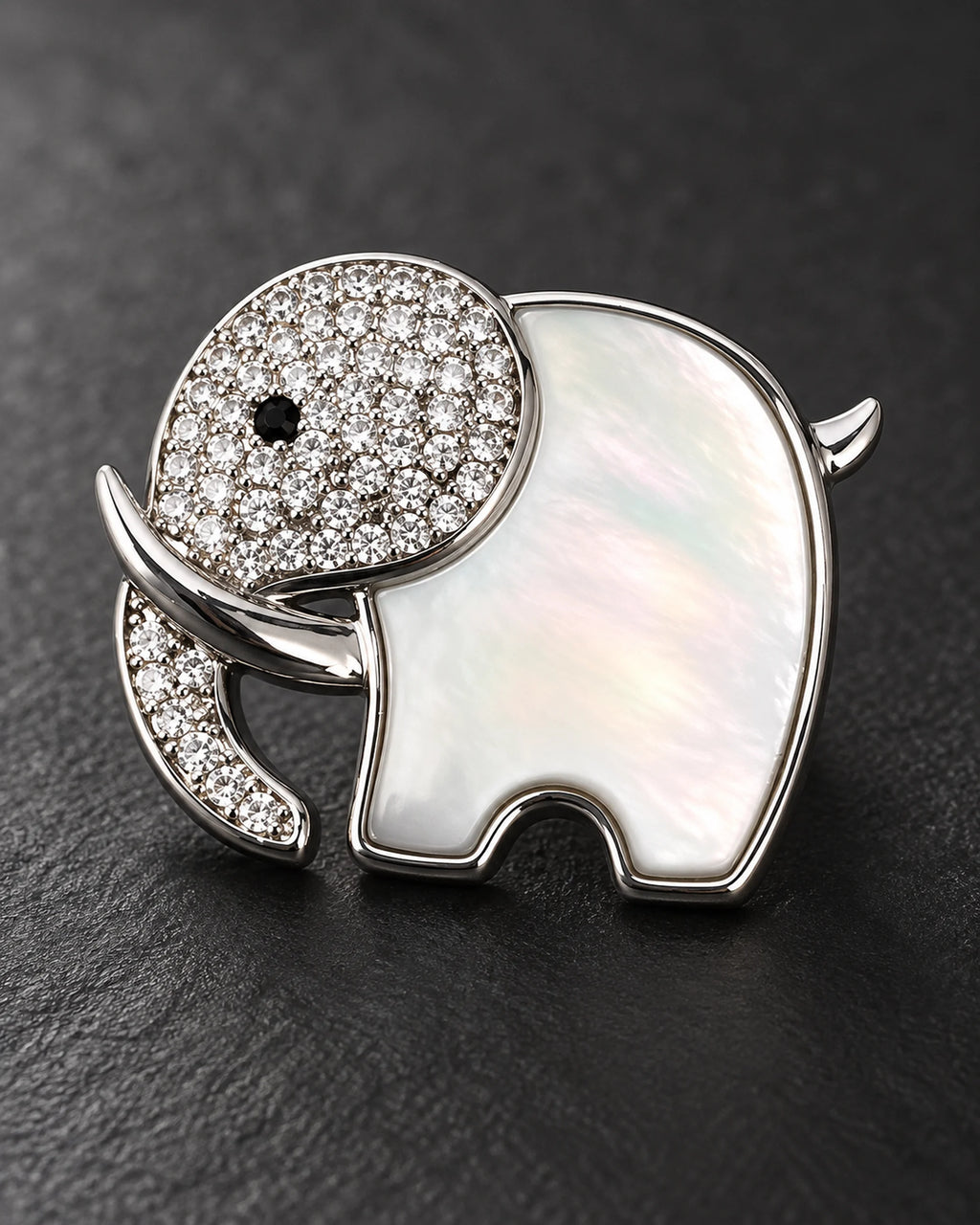 Elli Shell Elephant Magnetic Brooch, Silver & White, detail close-up