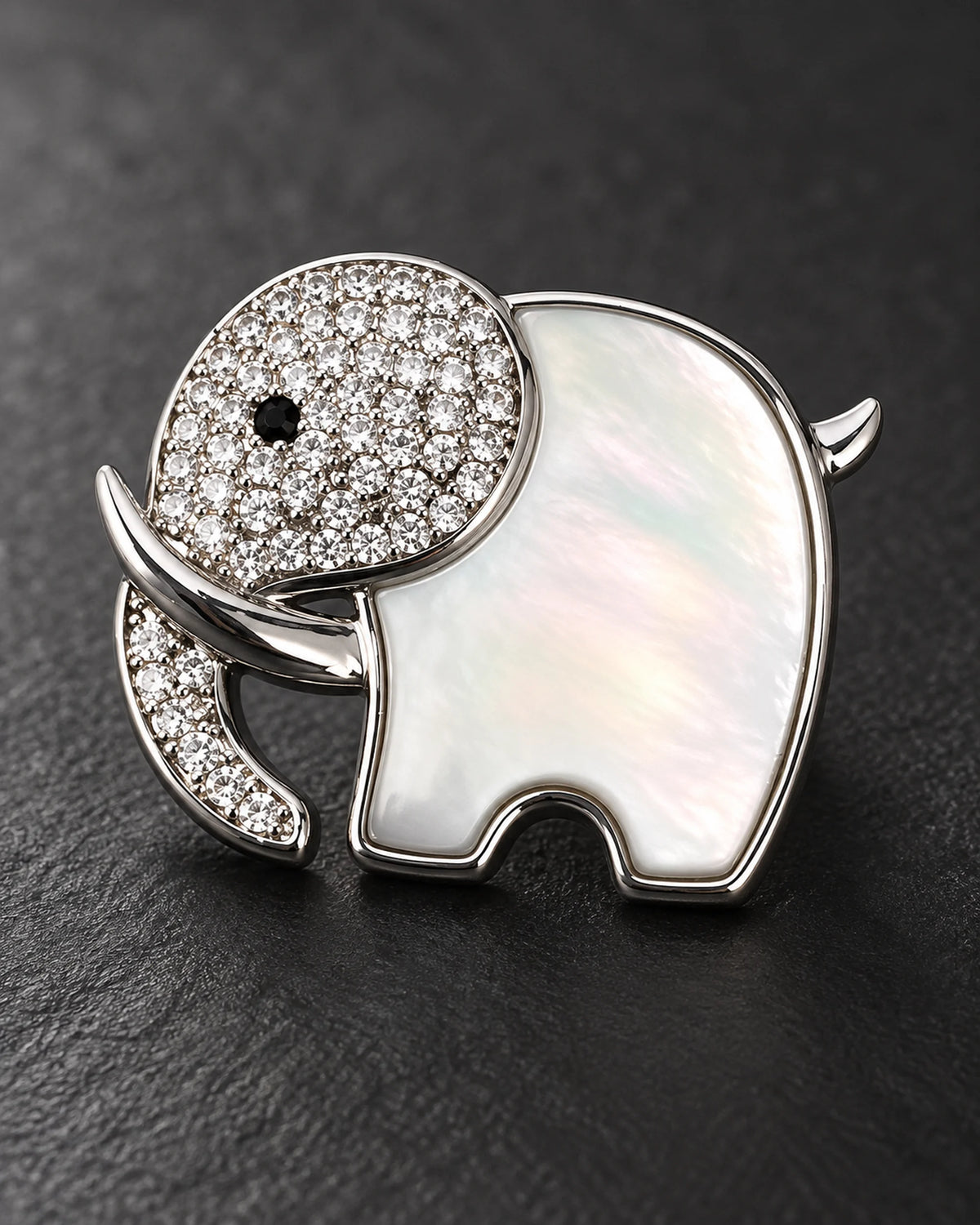 Elli Shell Elephant Magnetic Brooch, Silver & White, detail close-up
