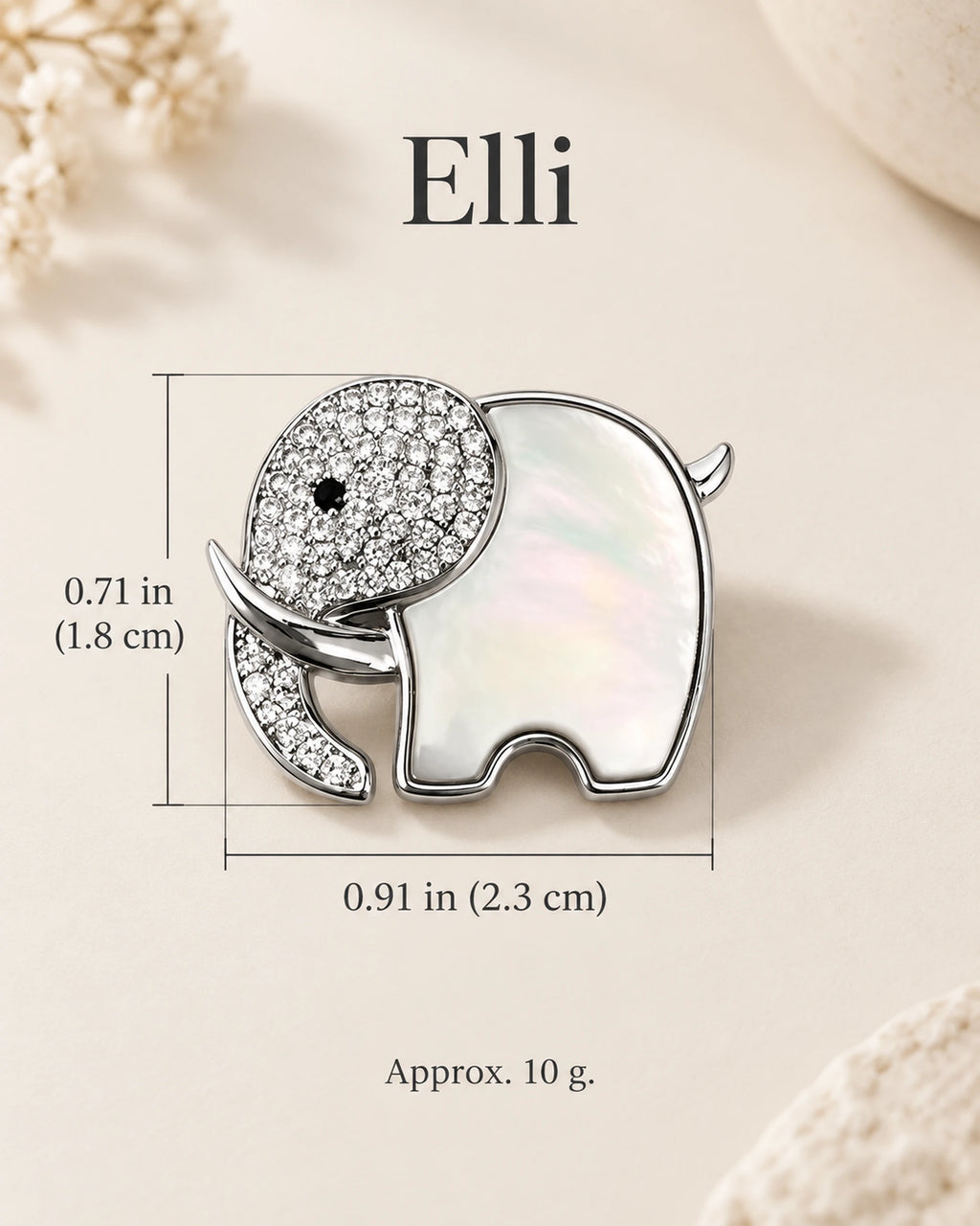 Elli Shell Elephant Magnetic Brooch size guide: 2.3 cm wide, 1.8 cm high, 10 g