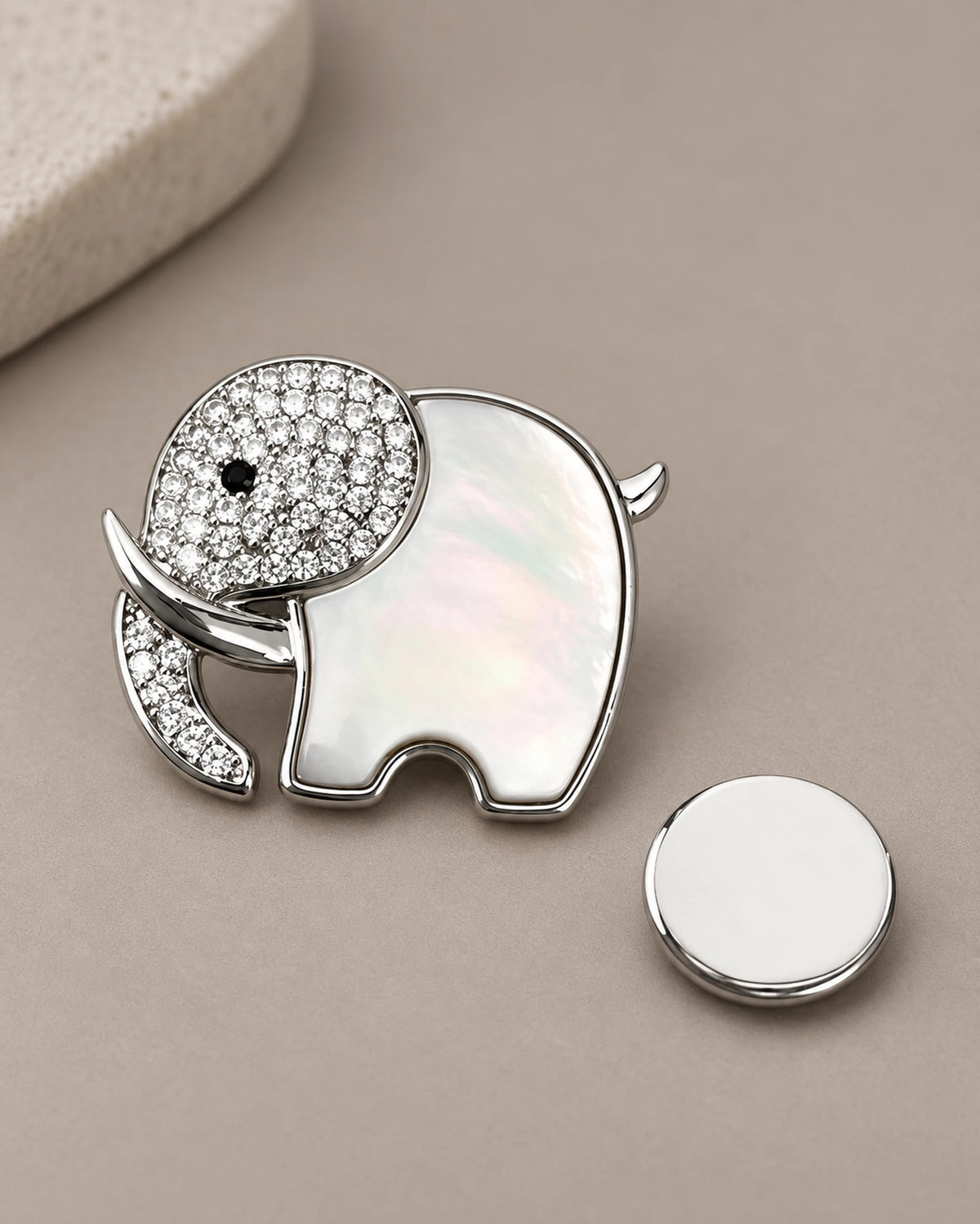 Elli Shell Elephant Magnetic Brooch, Silver & White with separate magnetic backing
