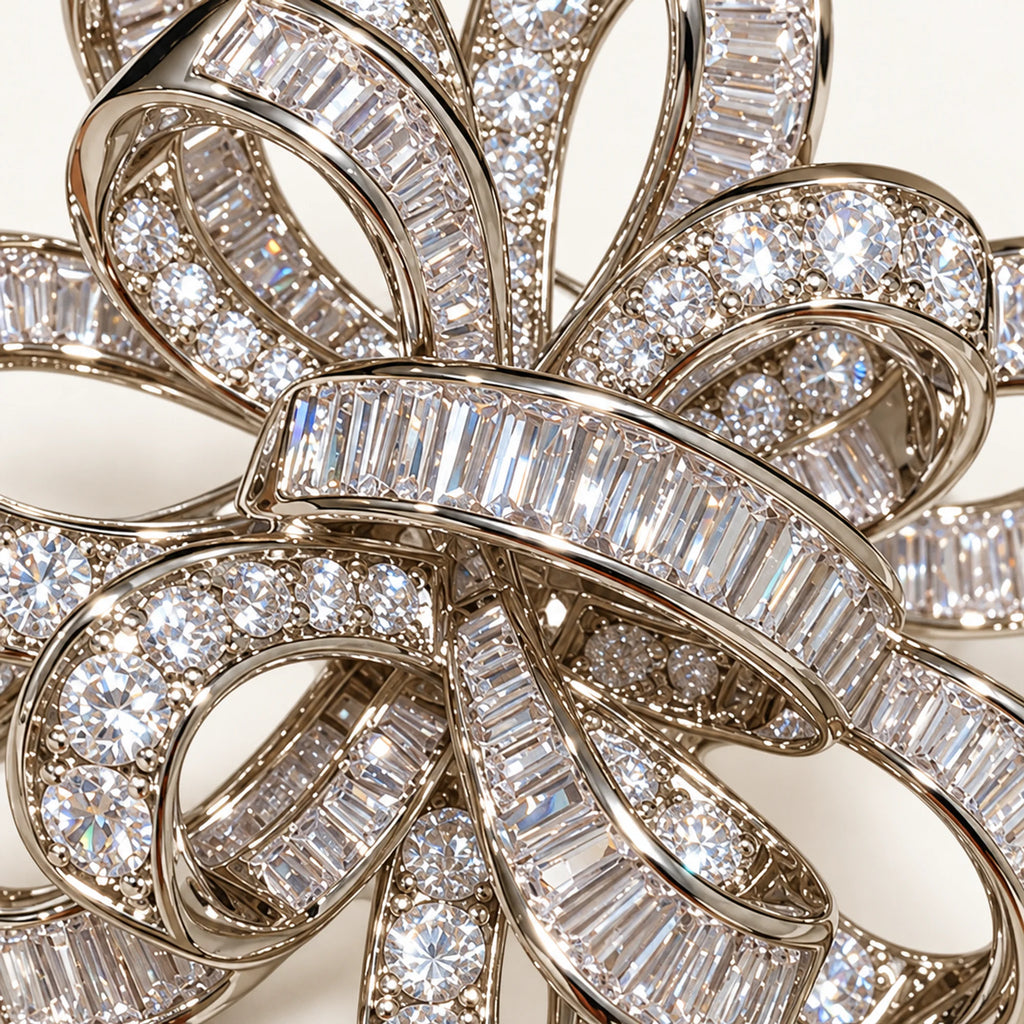 Close detail of clear baguette and round zircon stones across the interwoven ribbon bands