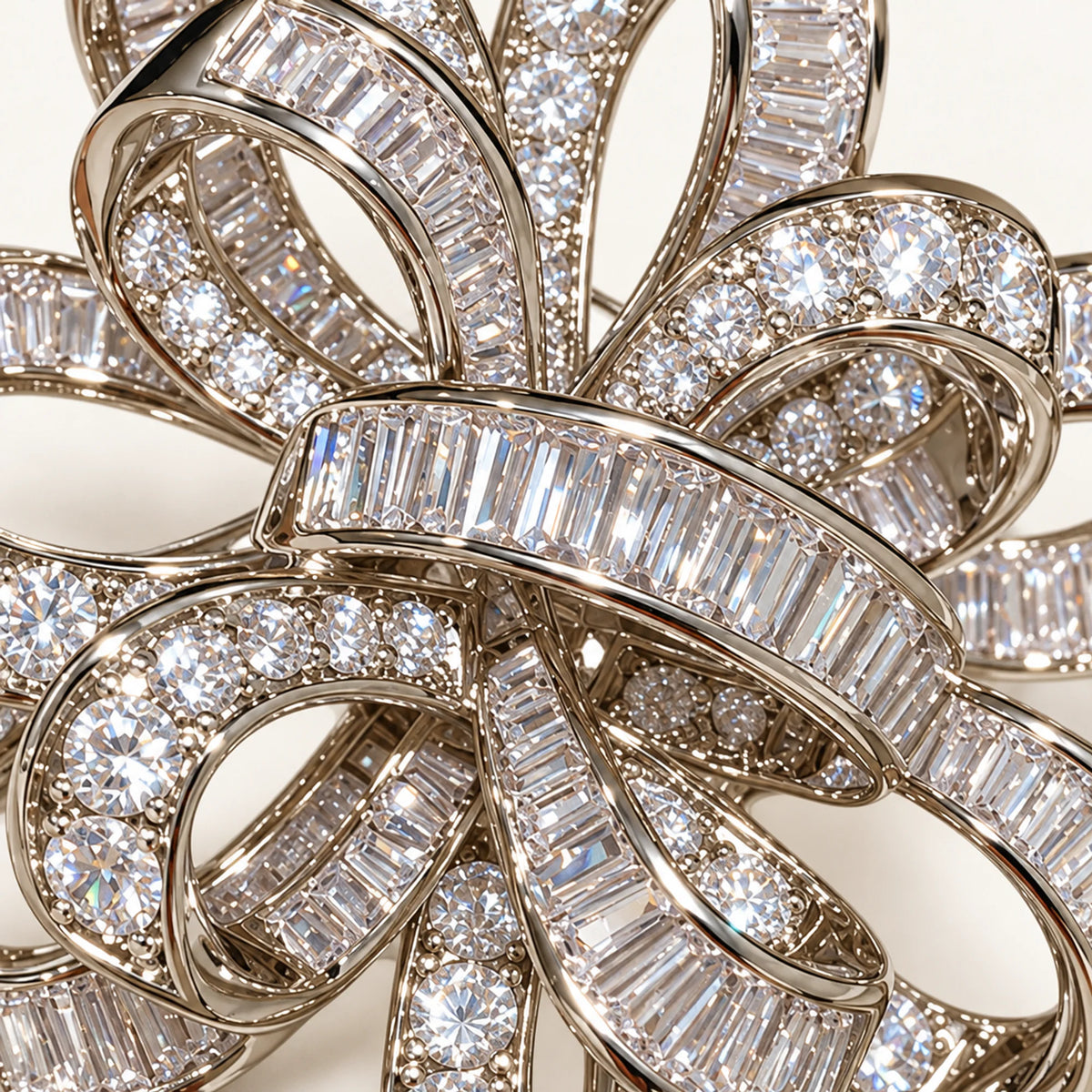 Close detail of clear baguette and round zircon stones across the interwoven ribbon bands
