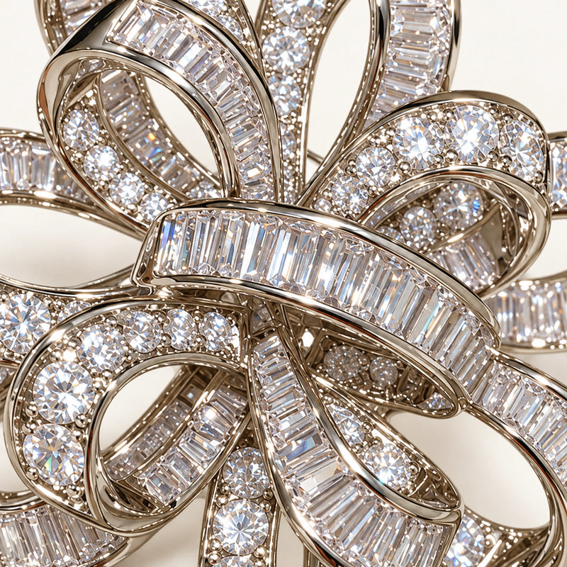 Close detail of clear baguette and round zircon stones across the interwoven ribbon bands