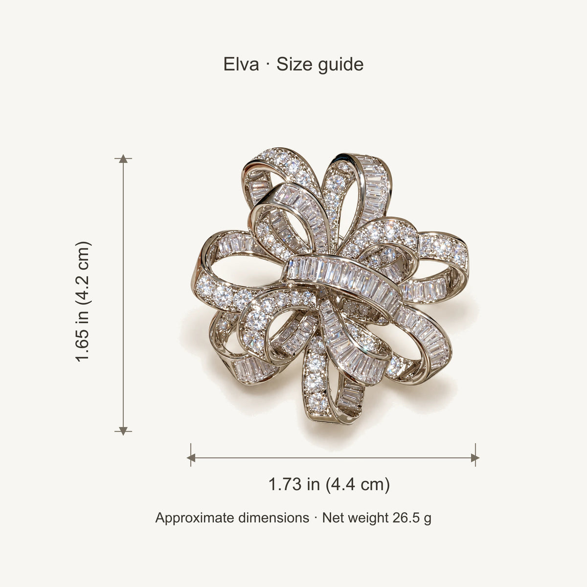 Elva size guide: approximately 1.73 by 1.65 inches (4.4 by 4.2 cm), net weight 26.5 grams