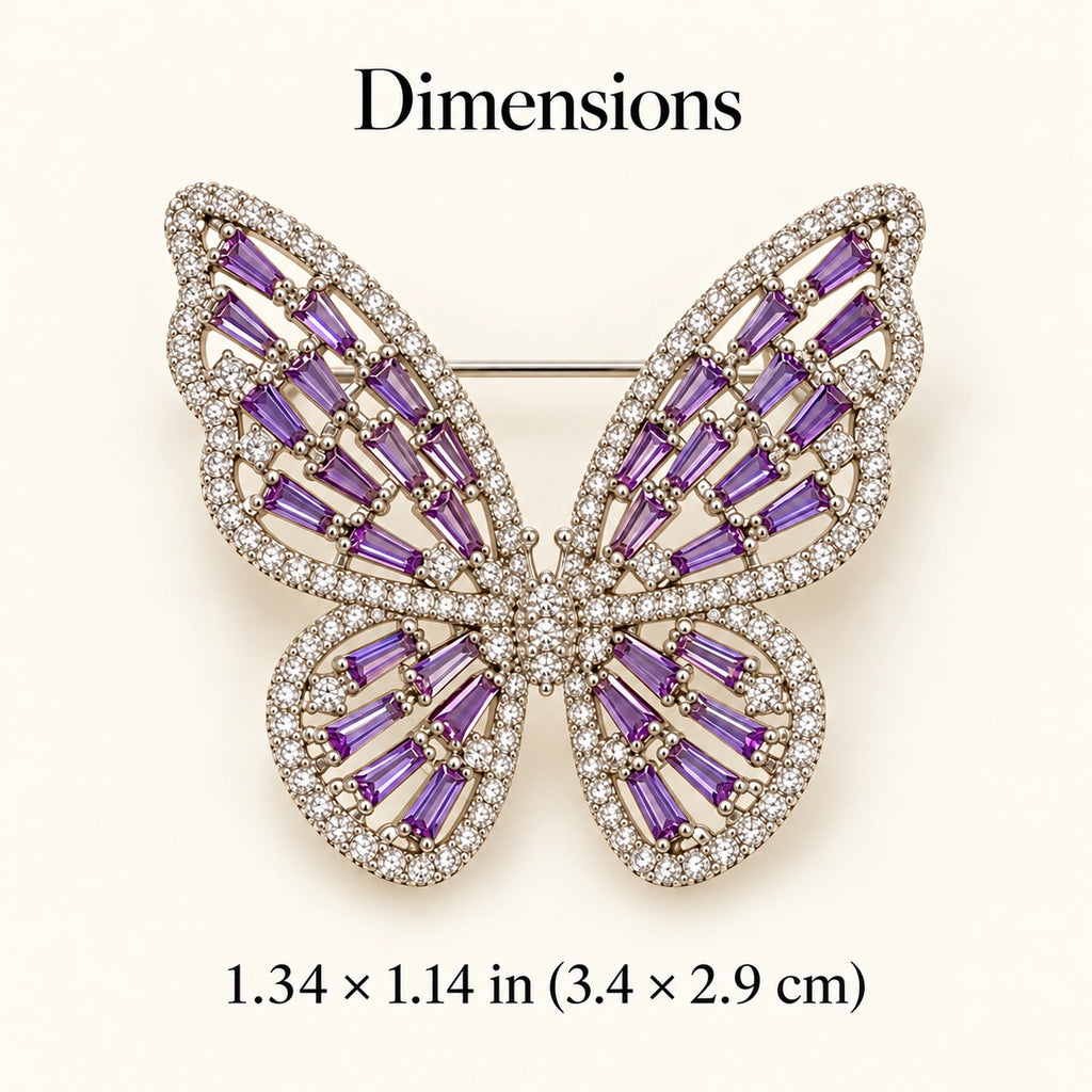 Enni Baguette Zircon Butterfly Brooch overall size: Approx. 1.34 × 1.14 in (3.4 × 2.9 cm).