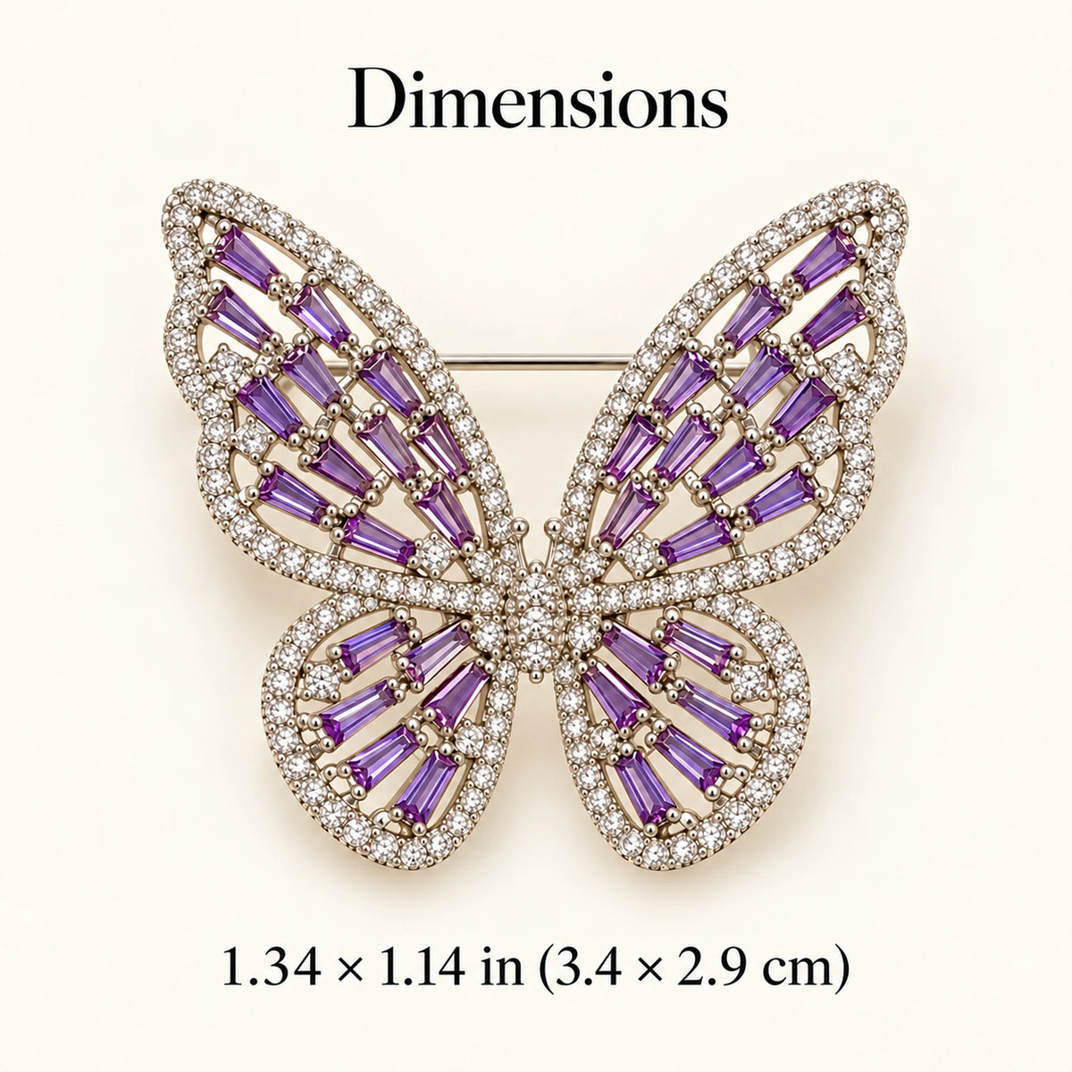 Enni Baguette Zircon Butterfly Brooch overall size: Approx. 1.34 × 1.14 in (3.4 × 2.9 cm).
