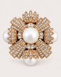 Estrid Pearl-Style Star Cross Brooch in gold tone, white & clear, front product view