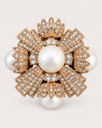 Estrid Pearl-Style Star Cross Brooch in gold tone, white & clear, front product view