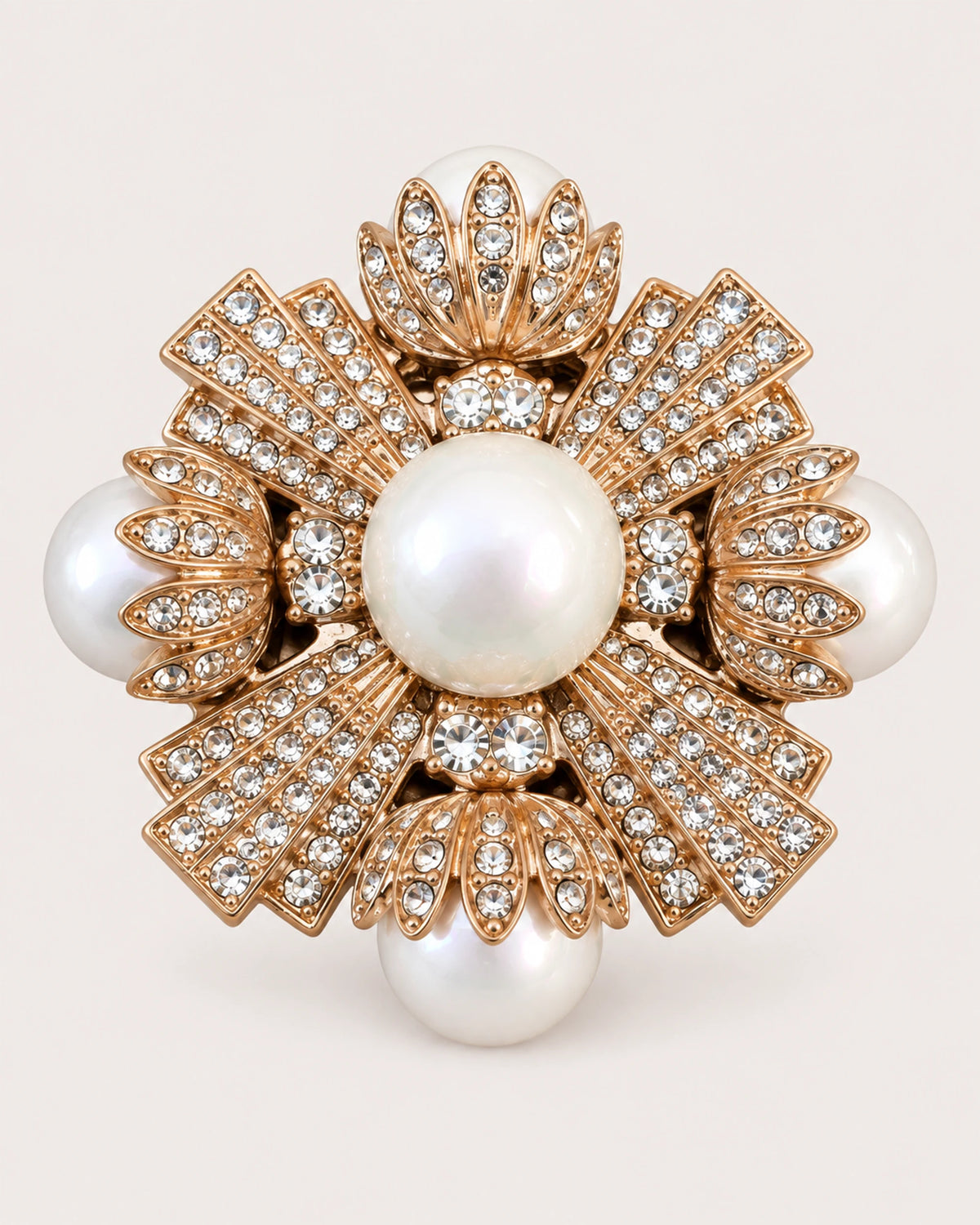 Estrid Pearl-Style Star Cross Brooch in gold tone, white & clear, front product view