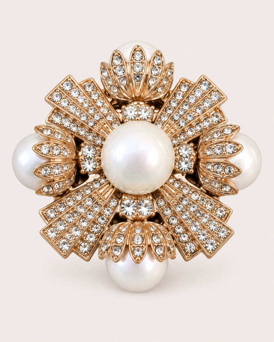 Estrid Pearl-Style Star Cross Brooch in gold tone, white & clear, front product view