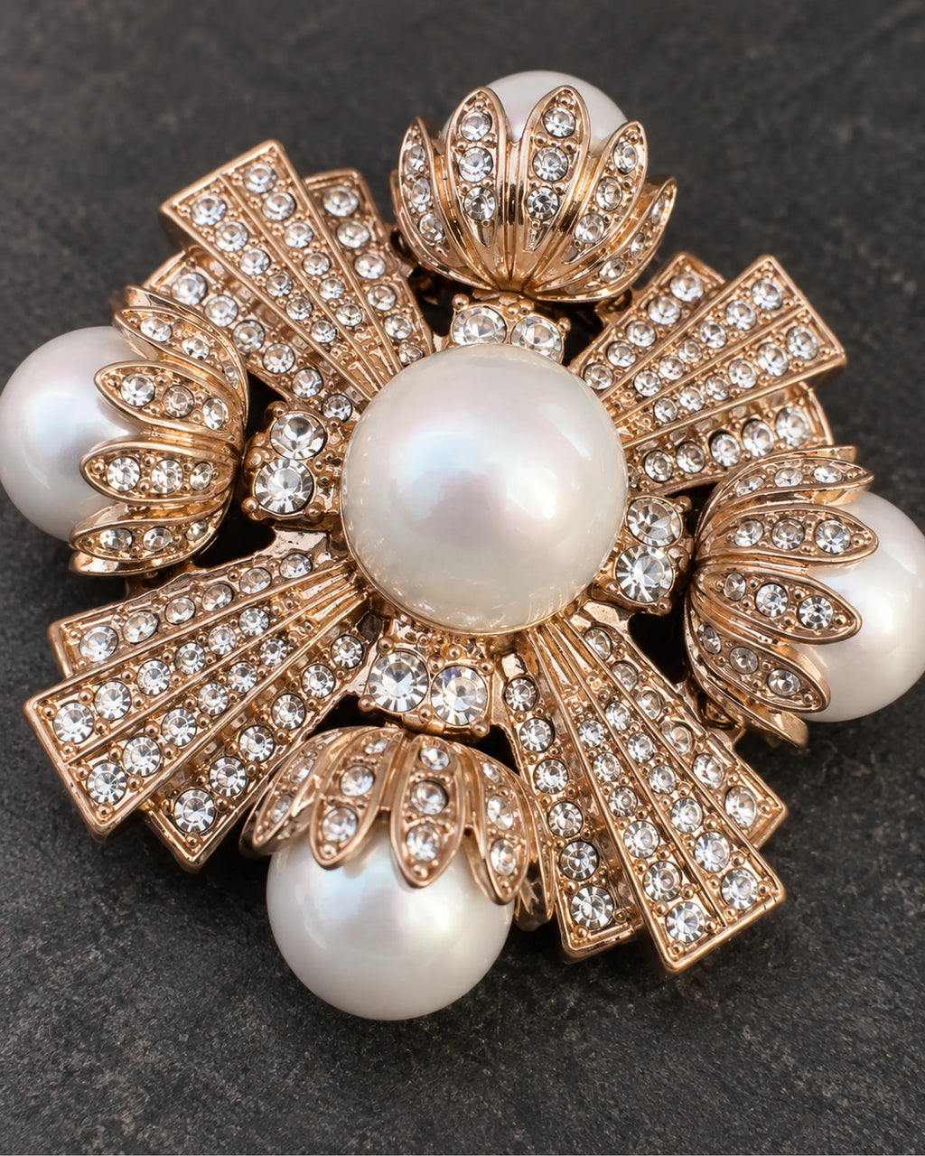 Estrid Pearl-Style Star Cross Brooch — raised ornament and surface details, macro view