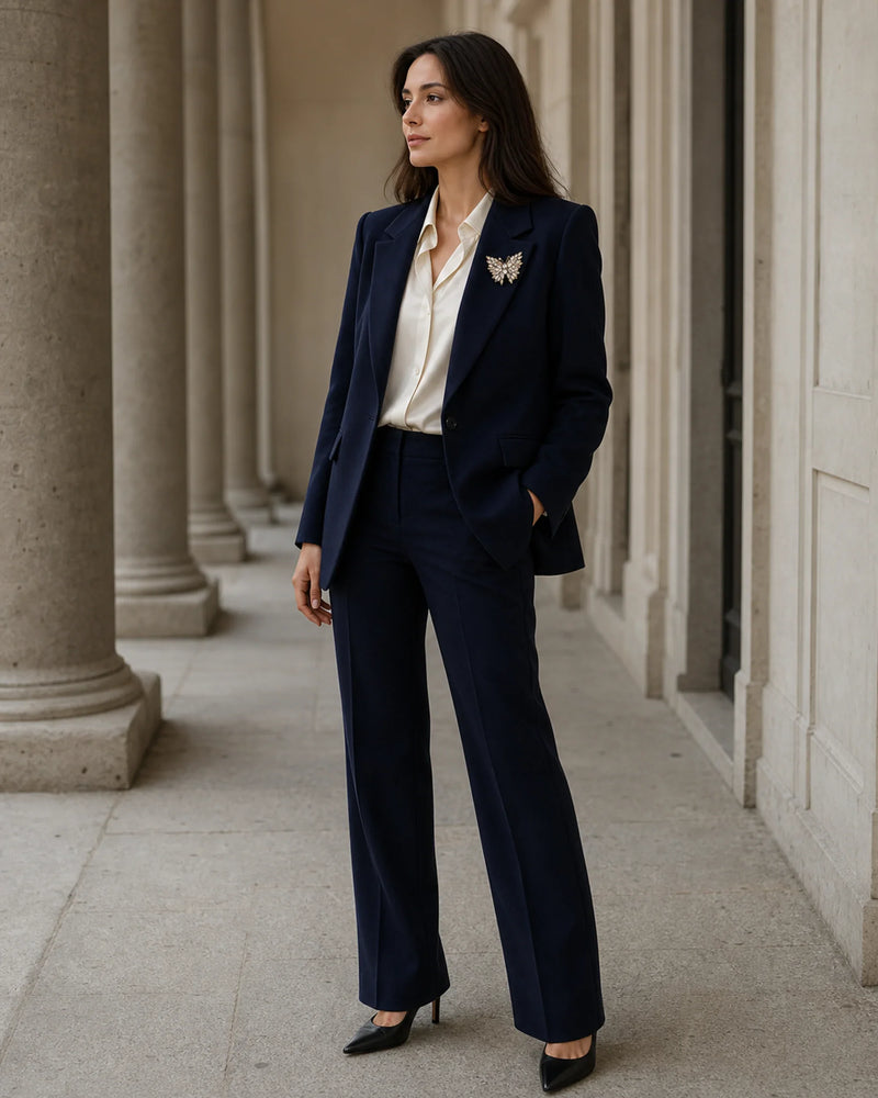 Full styling view showing the true 5.0 by 4.0 centimetre scale of the Eveli Butterfly Brooch on a navy suit lapel