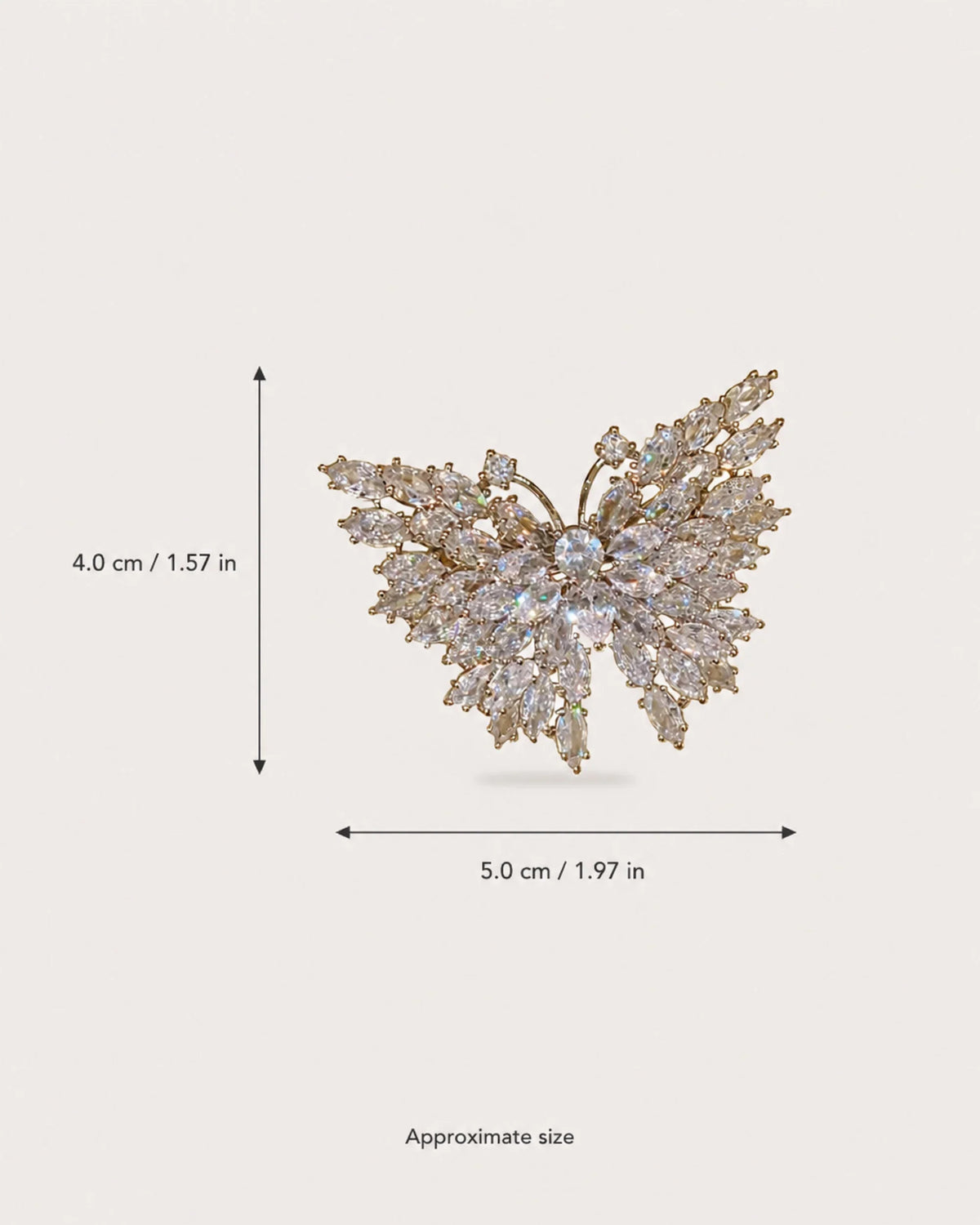 Eveli Marquise Crystal Butterfly Brooch size guide showing approximately 5.0 by 4.0 centimetres