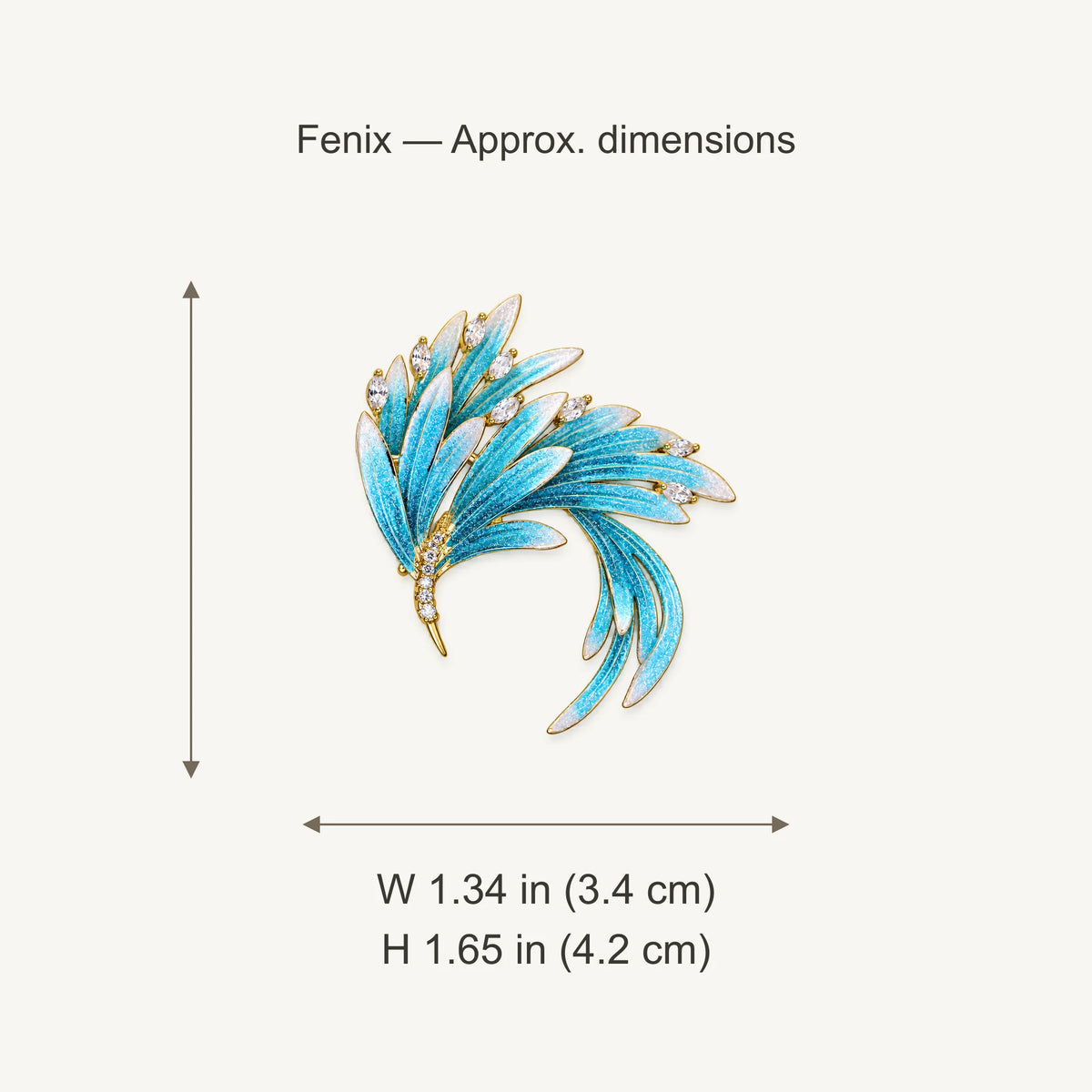 Fenix Sweeping Phoenix Brooch approximate width 1.34 in (3.4 cm) and height 1.65 in (4.2 cm)