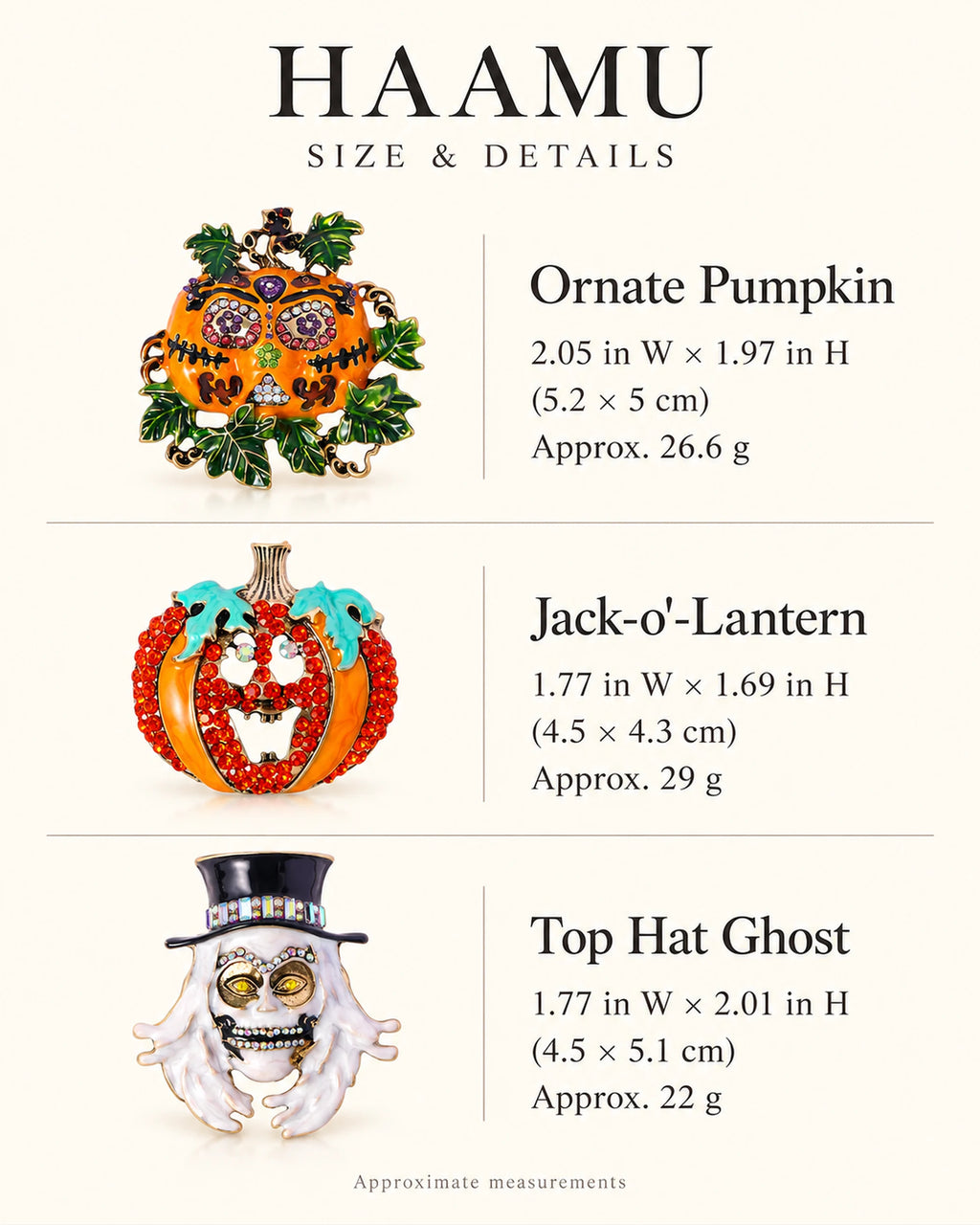Haamu Halloween Character Brooch size and weight guide