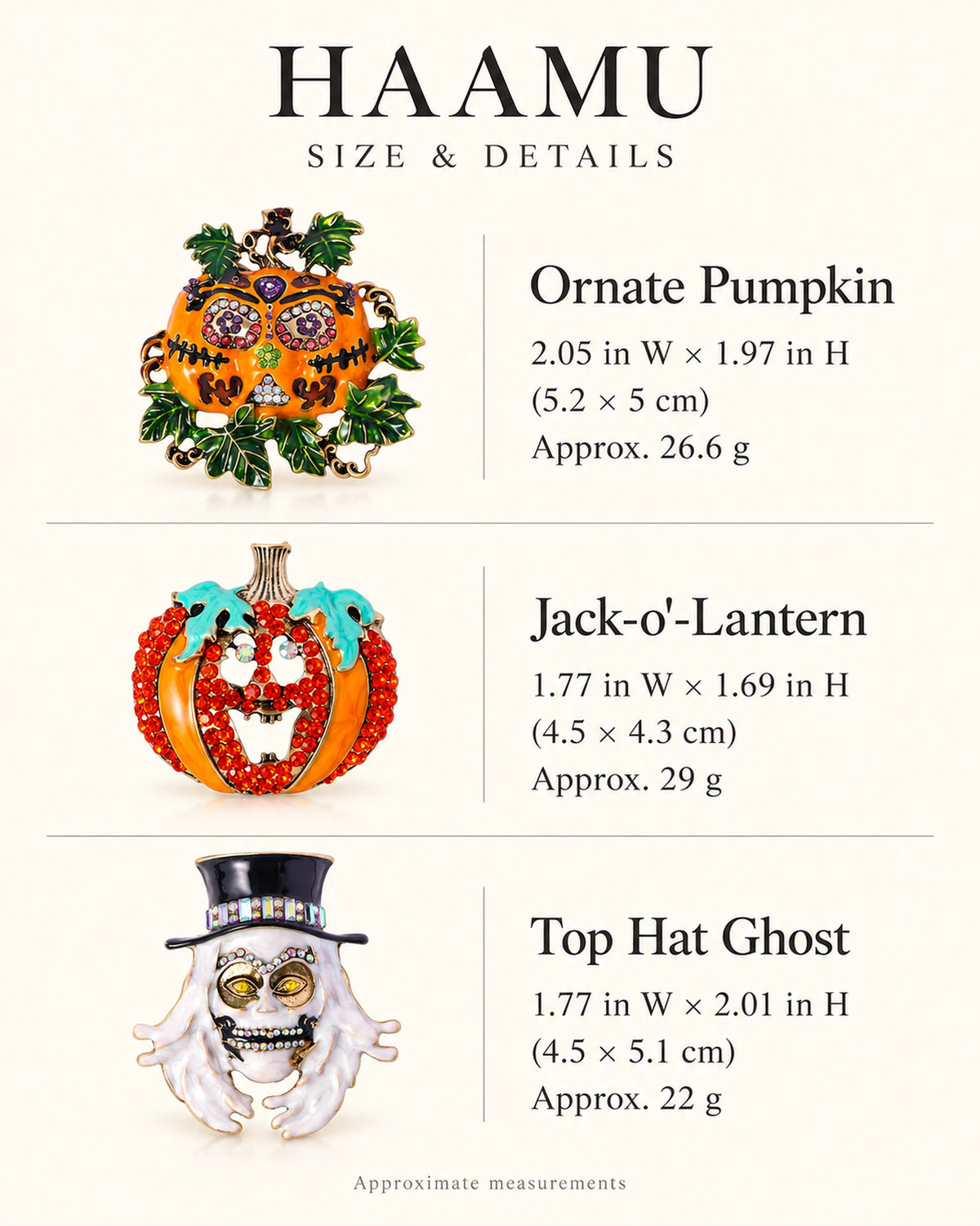Haamu Halloween Character Brooch size and weight guide
