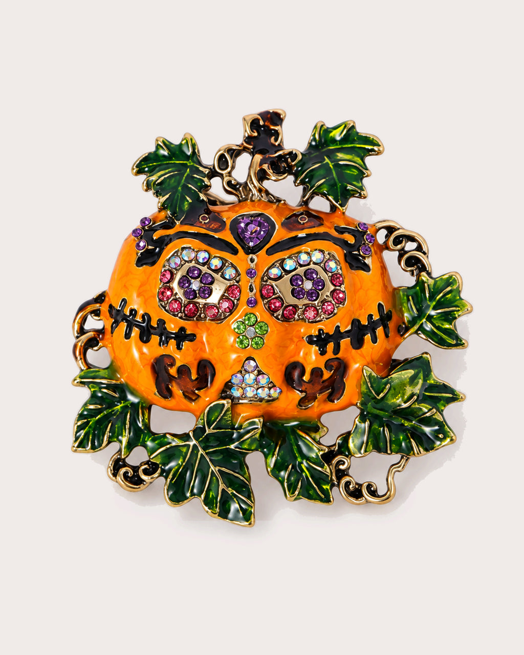 Haamu Halloween Character Brooch in Ornate Pumpkin, front view