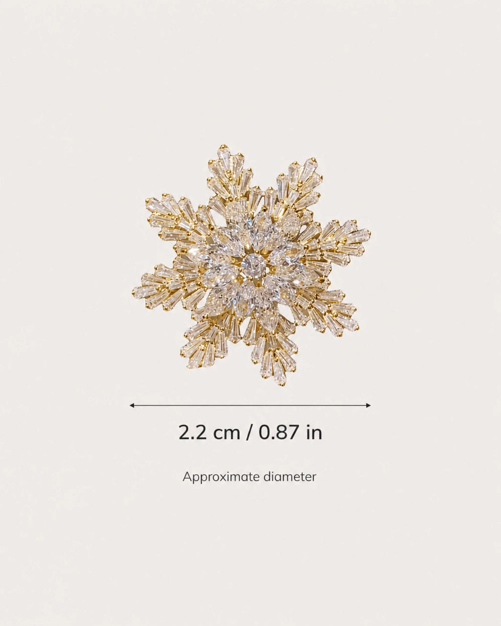 Halla Eight-Point Crystal Snowflake Brooch size guide showing approximately 2.2 centimetres in diameter