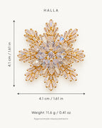 Halla crystal snowflake brooch, gold tone — two-axis 4.1 cm / 1.61 in size guide; net weight 11.6 g / 0.41 oz