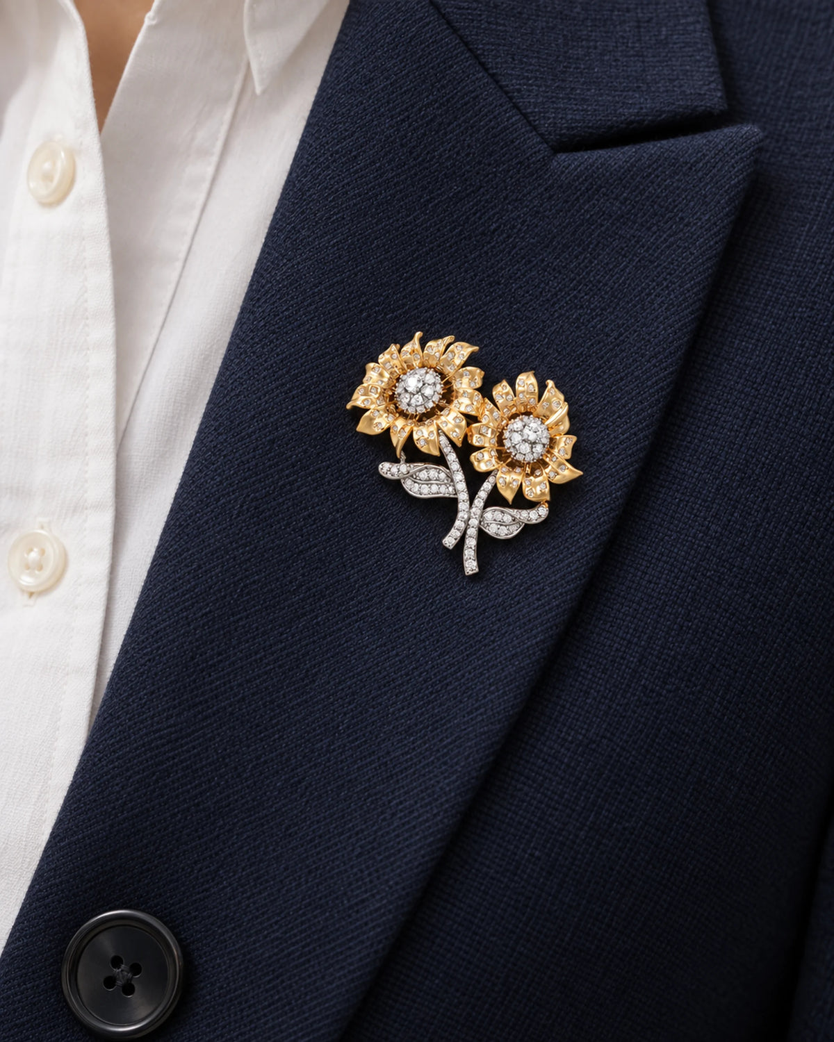Helia Double Sunflower Brooch — close wearing view on a tailored lapel