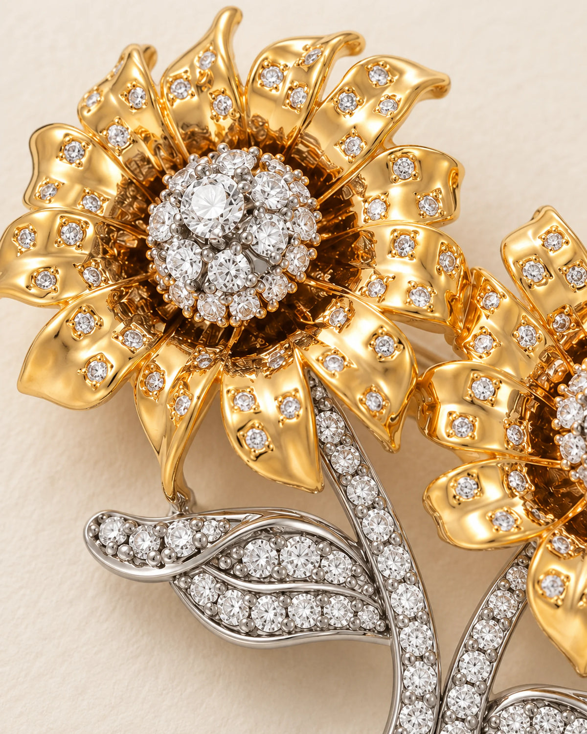 Helia Double Sunflower Brooch — stone and metal detail close-up