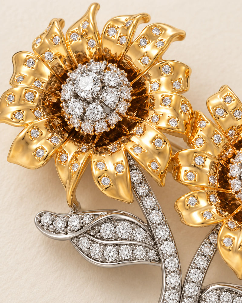 Helia Double Sunflower Brooch — stone and metal detail close-up