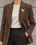 Helia Double Sunflower Brooch — wider outfit view with the brooch on a lapel