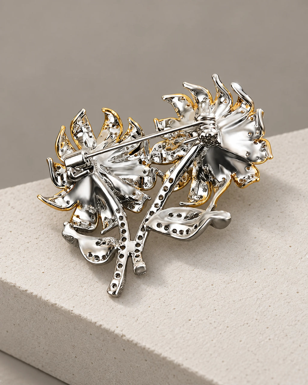 Helia Double Sunflower Brooch — reverse and hinged pin back