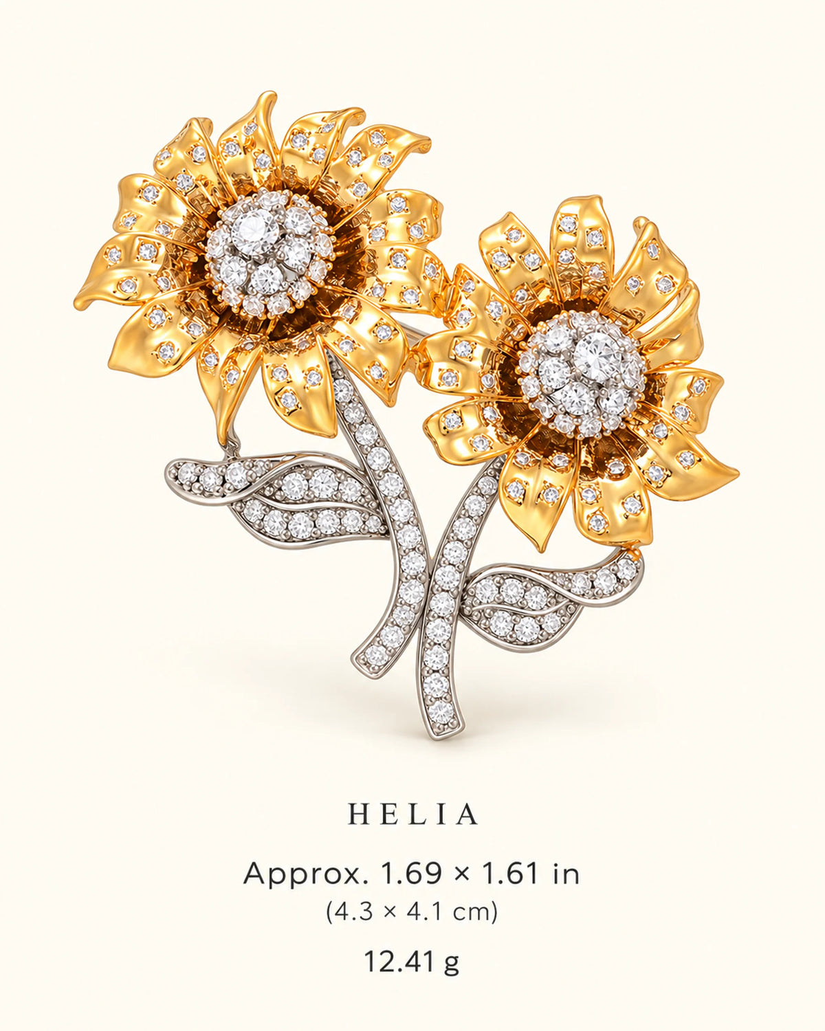 Helia Double Sunflower Brooch — verified dimensions guide
