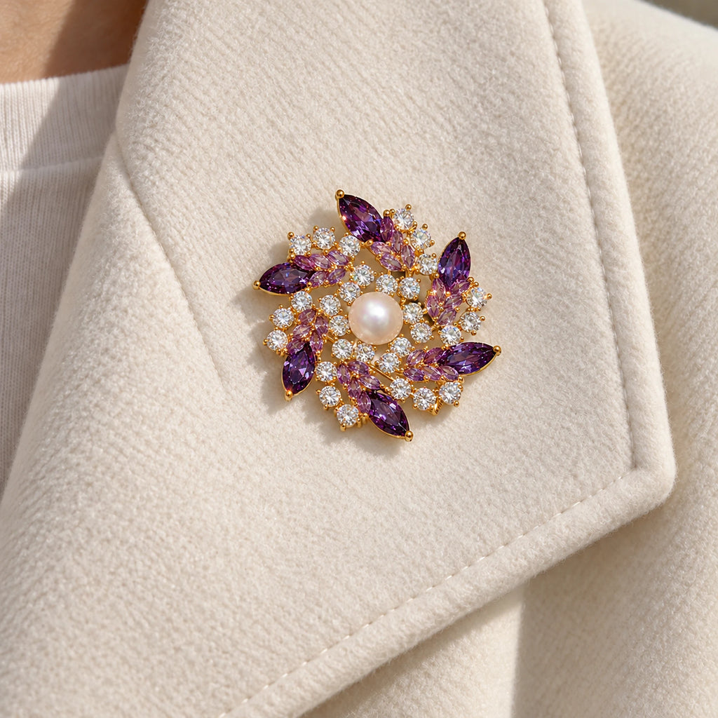 The pearl-centred purple flower sits entirely within a broad ivory folded lapel.