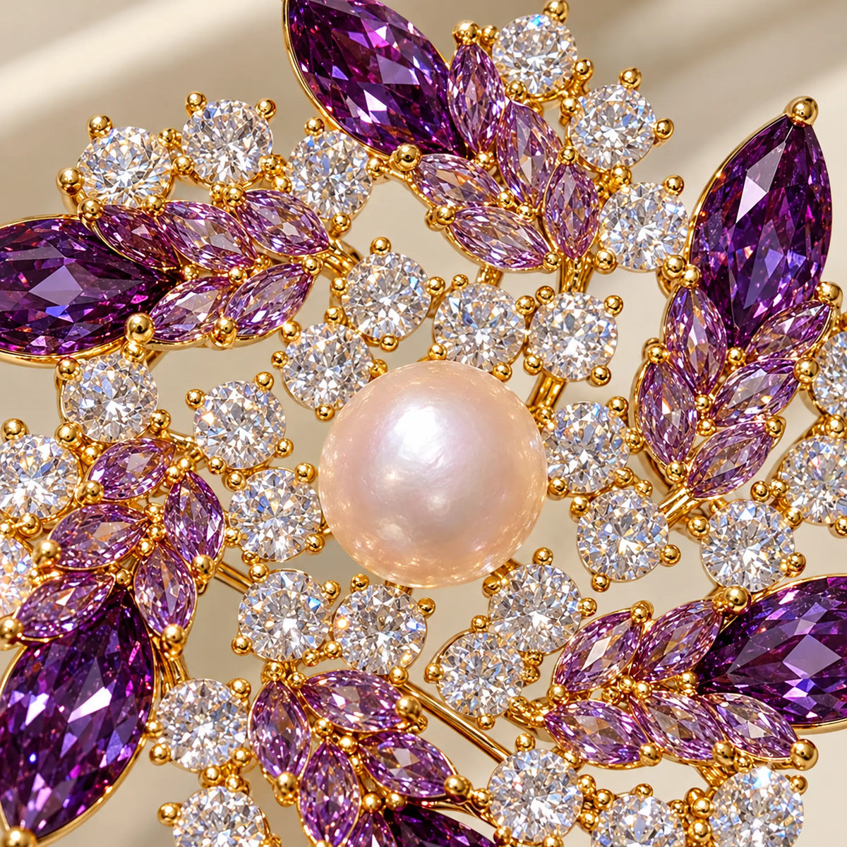 Purple marquise zircon and clear round settings circle a lustrous freshwater pearl.