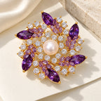 Complete Iida Purple Zircon Pearl Flower Brooch in an original still life on ivory paper.