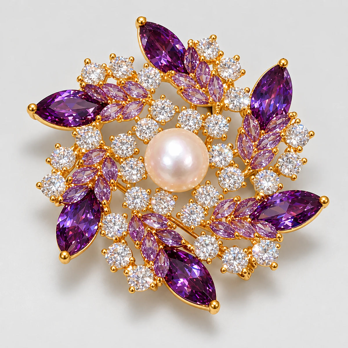 Iida Purple Zircon Pearl Flower Brooch in an oblique front view showing raised settings and dimensional construction.