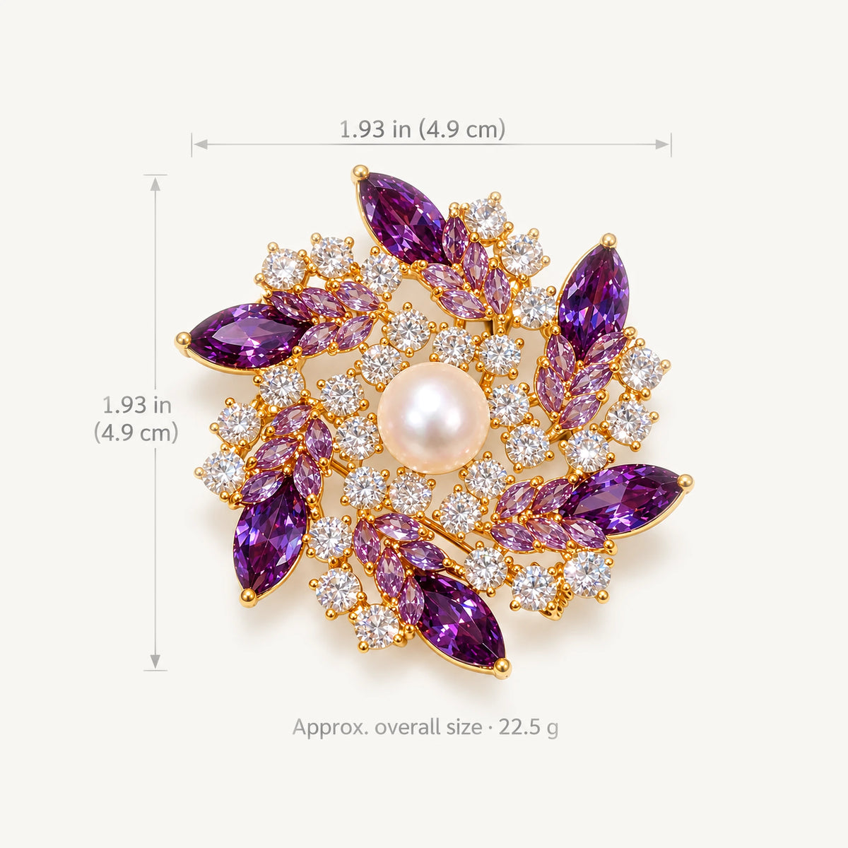 Iida Purple Zircon Pearl Flower Brooch overall size: Approx. 1.93 × 1.93 in (4.9 × 4.9 cm); approximately 22.5 grams.
