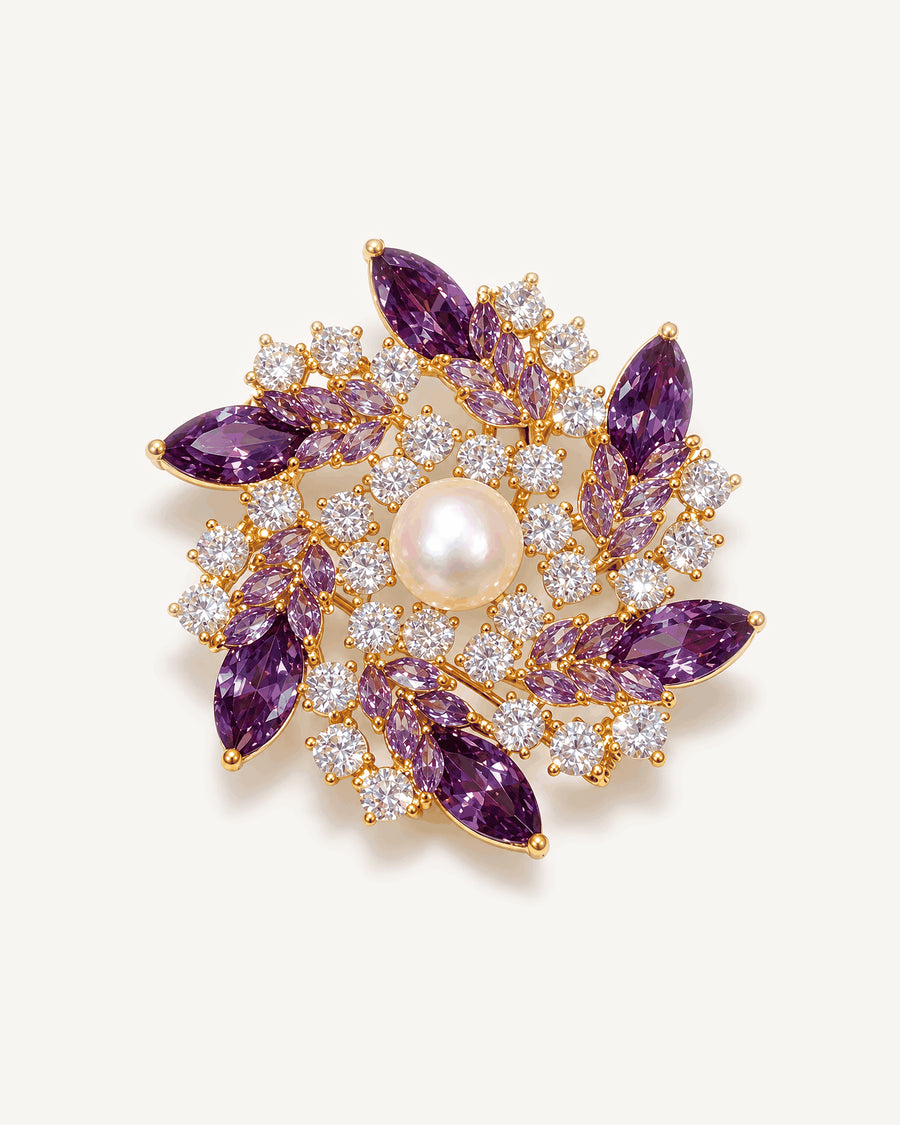 Iida Purple Zircon Pearl Flower Brooch