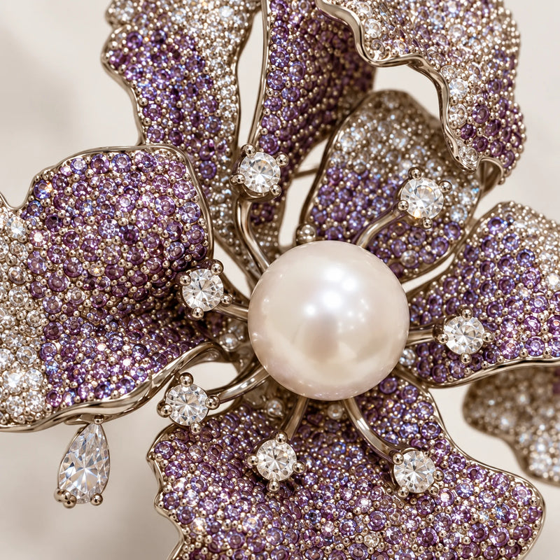 Macro of Iiris’s lavender and clear zircon pavé, curled petal folds and imitation pearl centre.