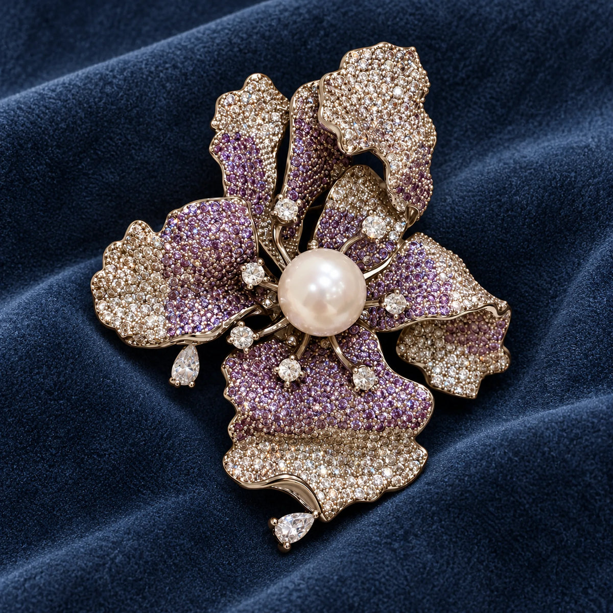 Iiris’s folded lavender zircon petals displayed on slate-blue velvet.