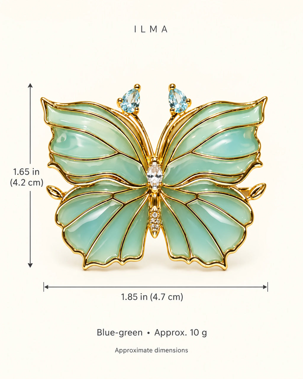 Ilma blue-green butterfly brooch dimensions: approximately 1.85 inches wide by 1.65 inches high, or 4.7 by 4.2 cm; approximately 10 grams.