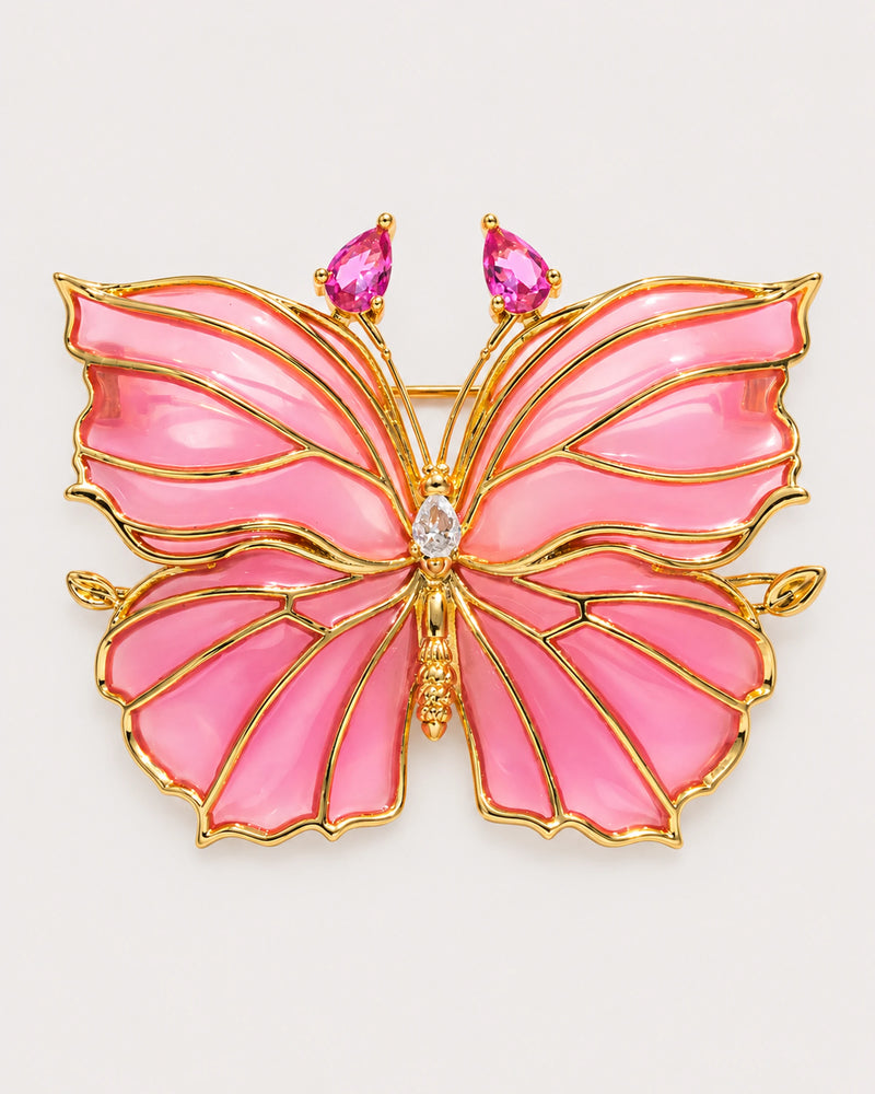 Ilma pink translucent enamel butterfly brooch with gold-tone wing veins, front view