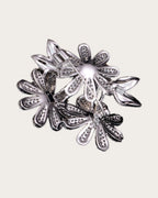 Back construction view of the Ilona brass daisy brooch showing the hinged pin and catch