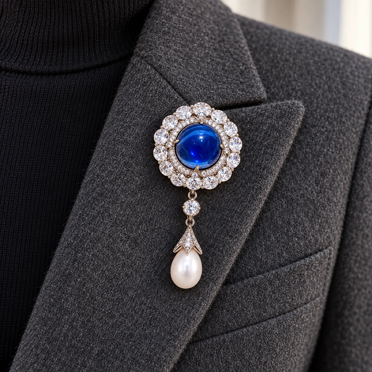 Inari brooch pinned within a broad folded charcoal wool lapel; its pearl drop hangs over supported fabric.