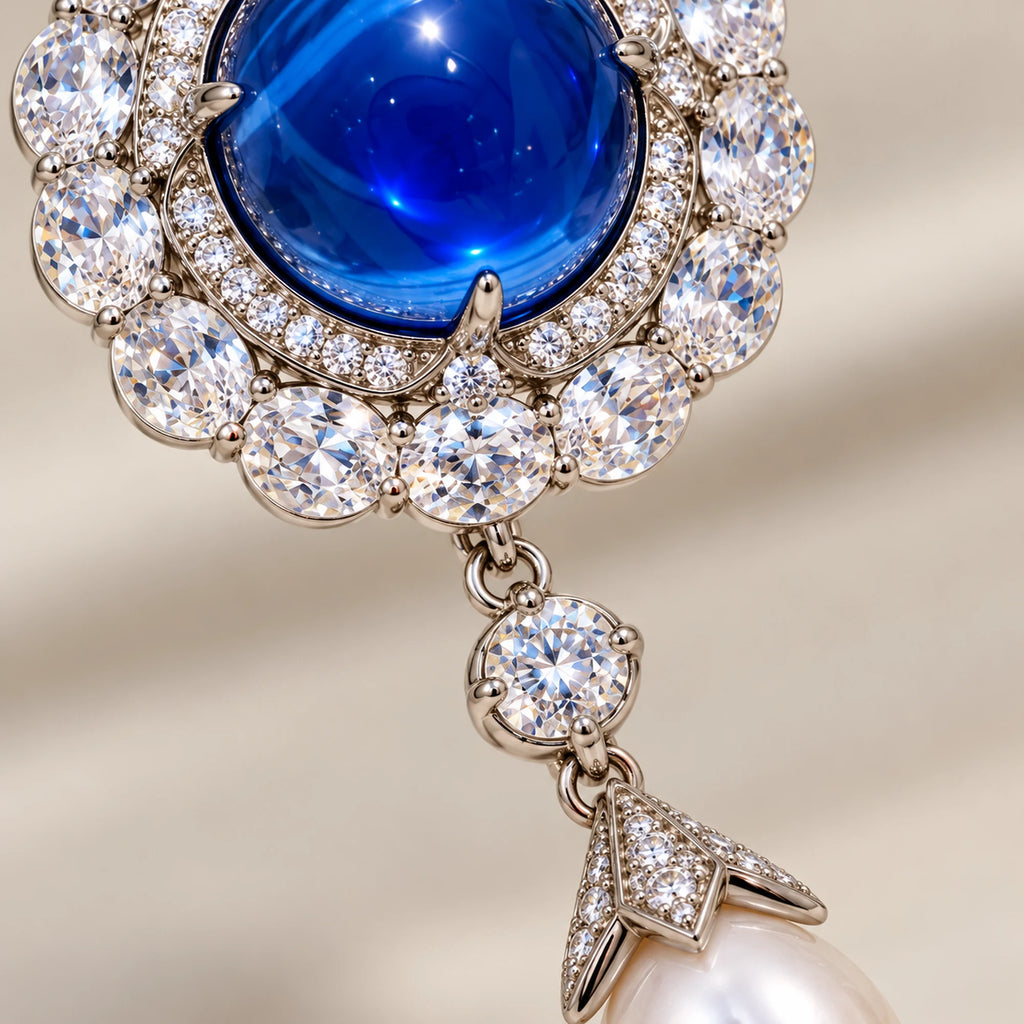 Macro of the blue cabochon, clear zircon halo, articulated link and pearl cap on Inari.