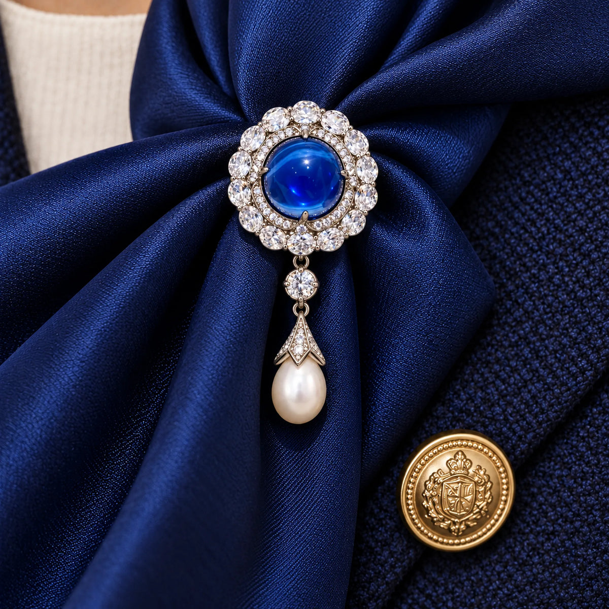 Inari brooch secured to a doubled navy scarf, with its articulated freshwater pearl drop free to move.