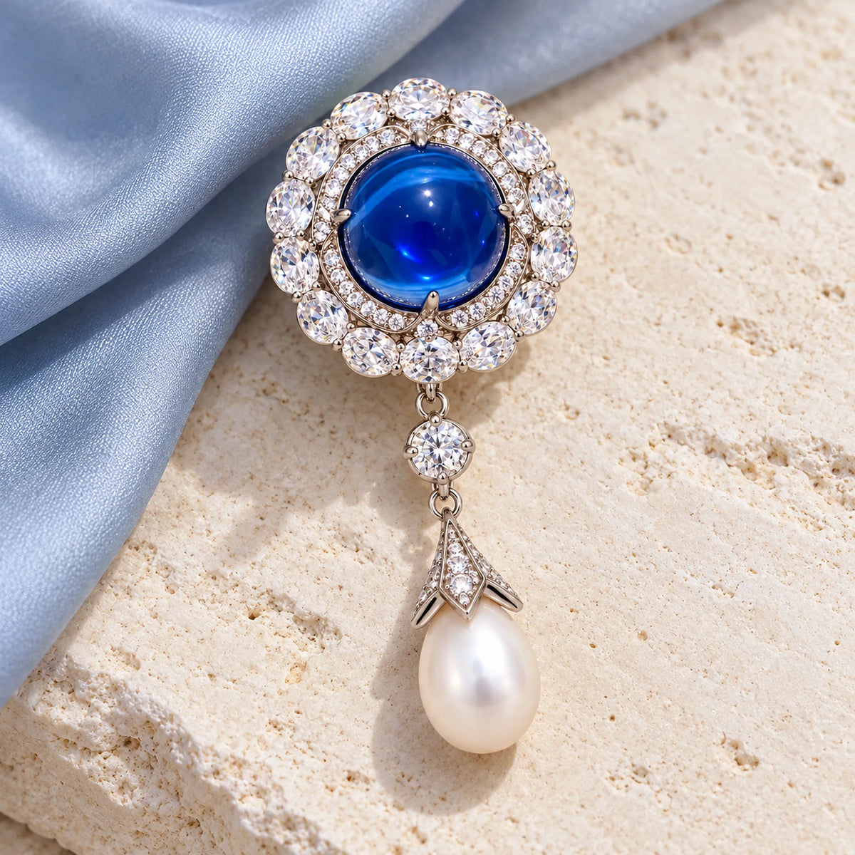 Complete Inari brooch resting on pale limestone beside mist-blue silk.