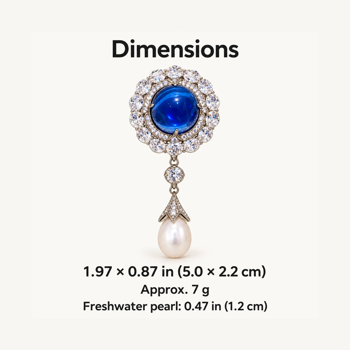 Inari dimensions: approximately 1.97 by 0.87 inches (5.0 by 2.2 cm), 7 grams; freshwater pearl approximately 0.47 inches (1.2 cm).
