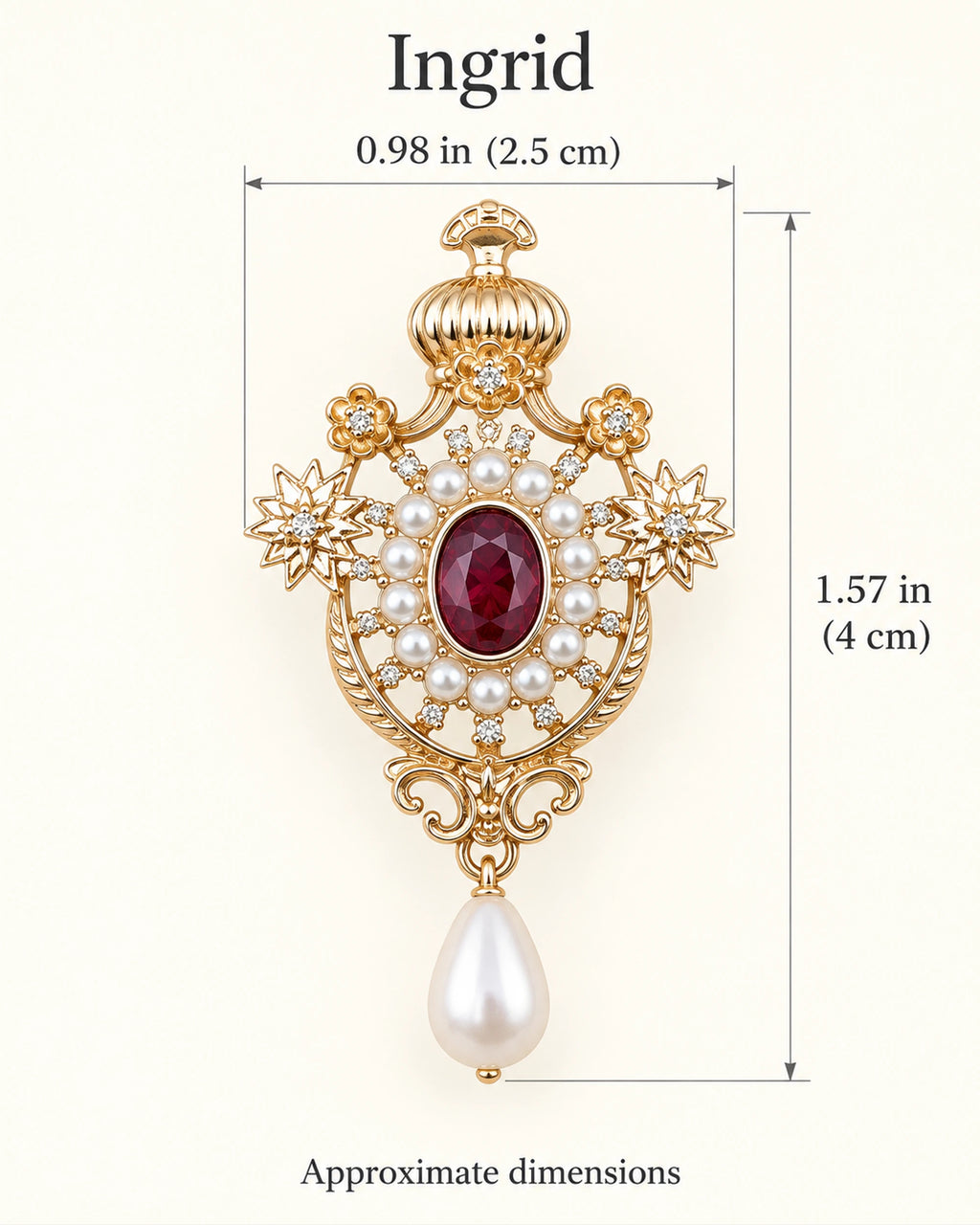 Ingrid Red Crown Drop Brooch — approximate width and height guide