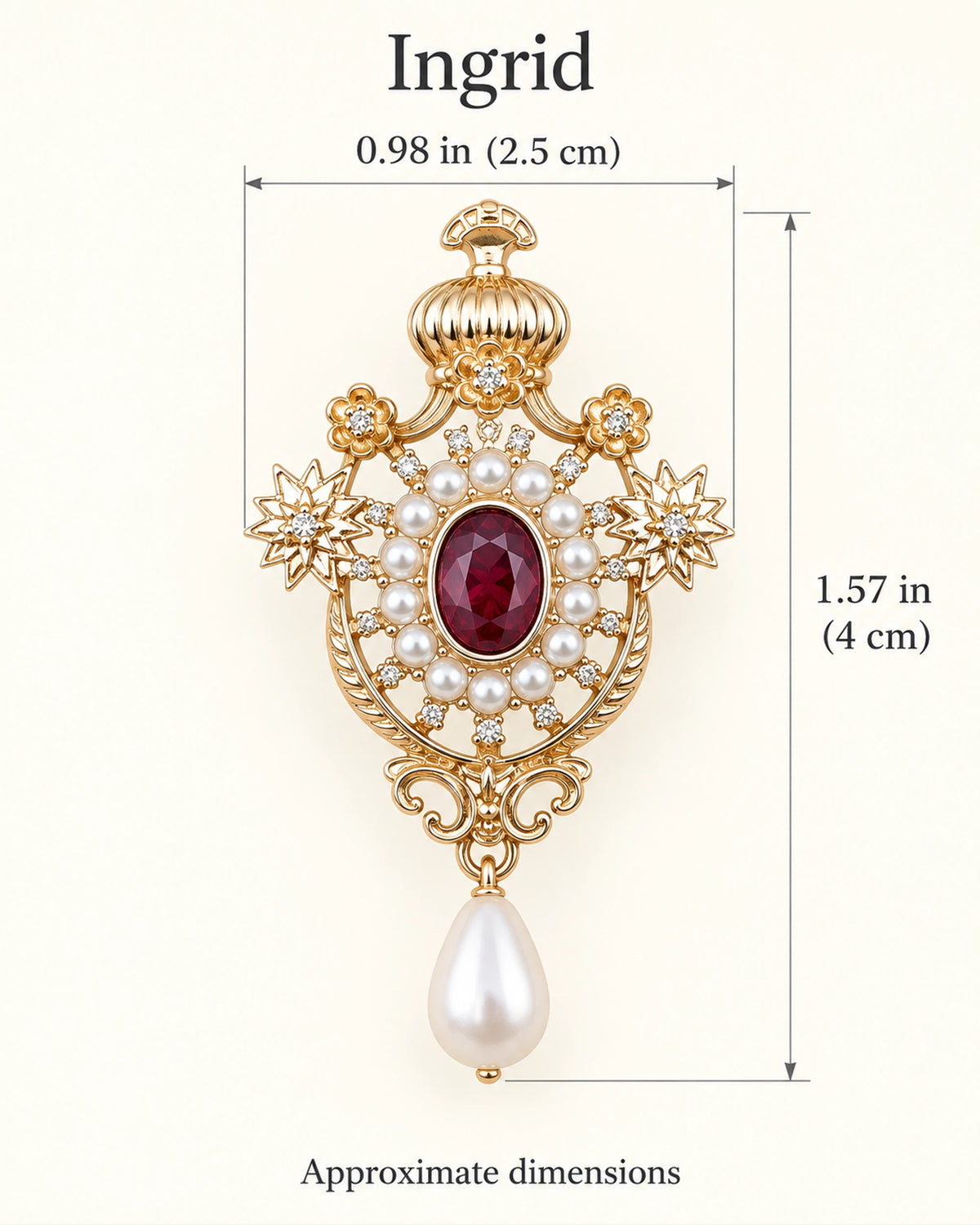 Ingrid Red Crown Drop Brooch — approximate width and height guide