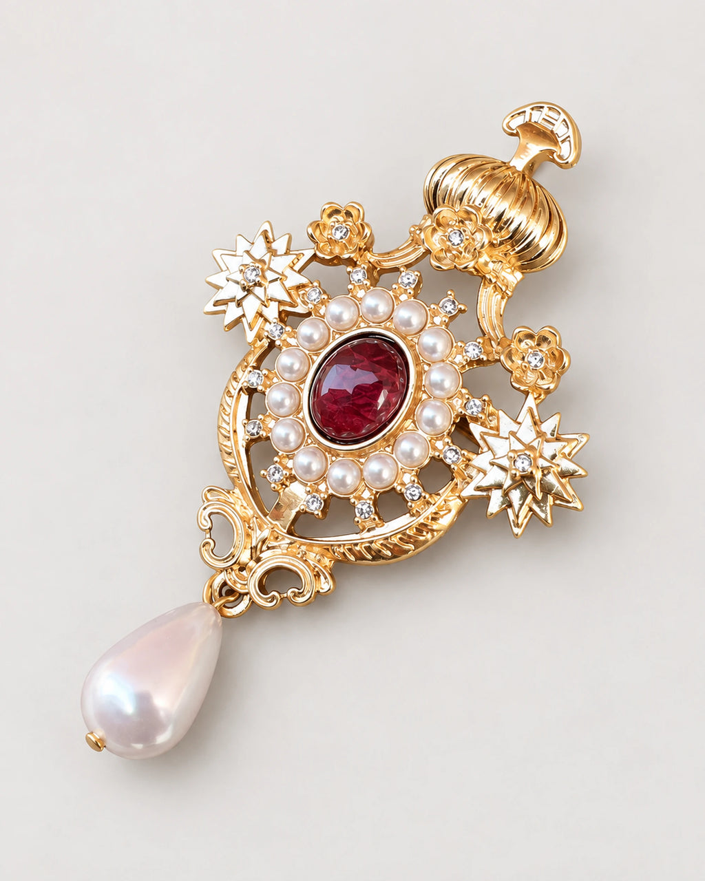 Ingrid Red Crown Drop Brooch in gold tone, red & white, front product view